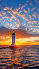 stunning lighthouse at sunset with vibrant clouds and ocean
