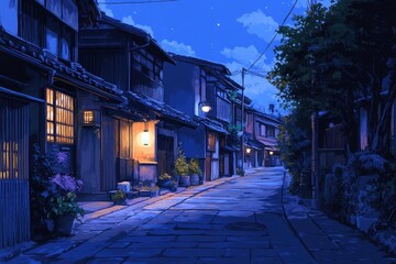 Fototapeta premium Quiet evening stroll through a traditional street with lanterns illuminating the path under a starry sky