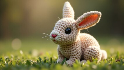 Fototapeta premium realistic highly detailed crochet of a rabbit with a nature background
