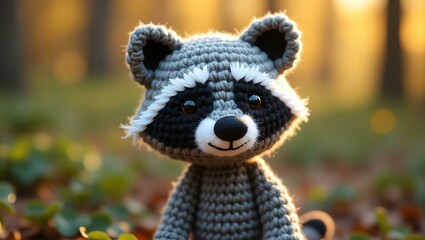 realistic highly detailed crochet of a raccoon with a nature background