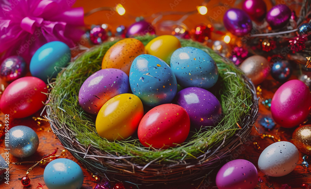 Poster basket of eggs with a green basket and a bunch of colorful eggs. there are also some decorations aro