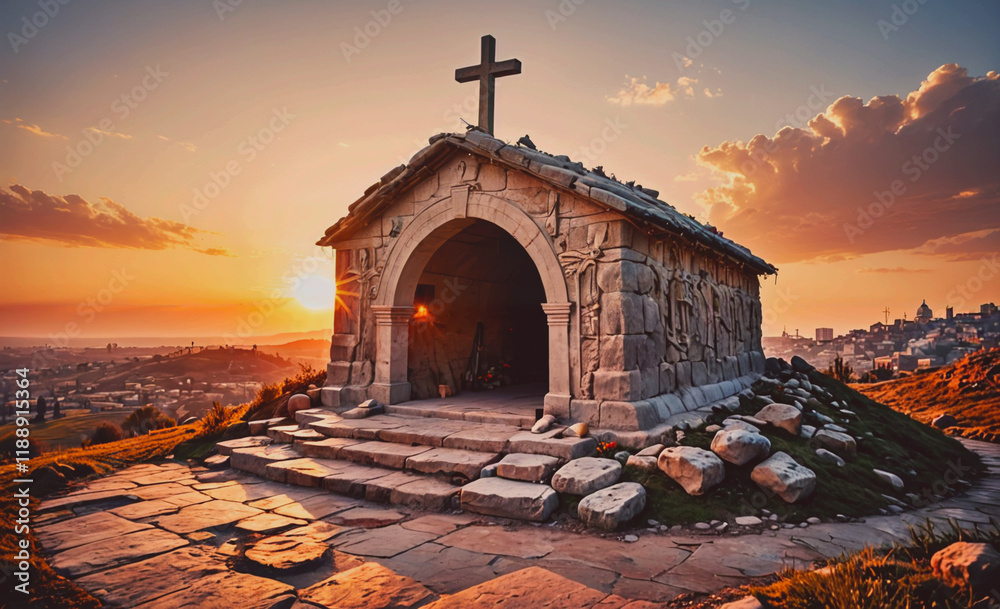 Aufkleber Small building with a cross on top of it. The building is on a hill. The sun is setting