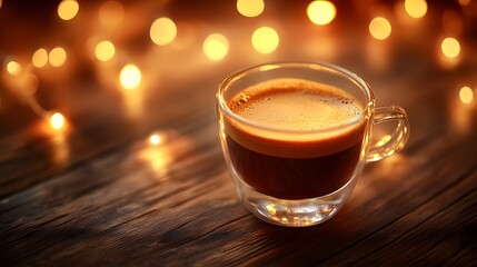 Professional espresso machine brews fresh coffee in glass cup on walnut wood surface, capturing rich crema and coffee shop atmosphere with warm ambient lighting effects.
