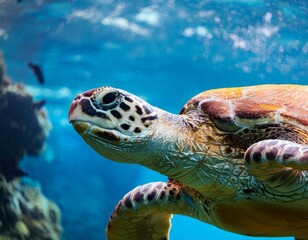 close up of a sea turtle swimming gracefully underwater