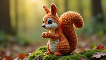 realistic highly detailed crochet of a squirrel with a nature background