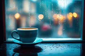 Fototapeta premium Cozy coffee cup by the window on a rainy day with a blurred outdoor view in a warm atmosphere