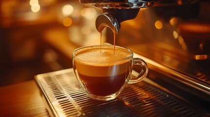 Professional espresso machine brews fresh coffee in glass cup on walnut wood surface, capturing rich crema and coffee shop atmosphere with warm ambient lighting effects.