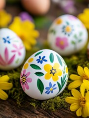 Fototapeta premium Painted Easter Eggs with Flowers - Spring, Easter, floral design, celebration, painted eggs.