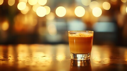 Professional espresso machine brews fresh coffee in glass cup on walnut wood surface, capturing rich crema and coffee shop atmosphere with warm ambient lighting effects.