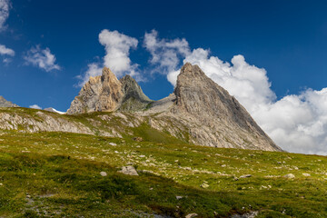 Val Veny mountain landscape in Courmayeur, italian Alps on Tour du Mont Blanc hiking route TMB. Trekking and hiking in the Alps among beautiful landscape and stunning scenery of the Alps green valleys