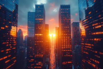 Fototapeta premium Sunset illuminates urban skyline as buildings reflect vibrant colors in busy city center