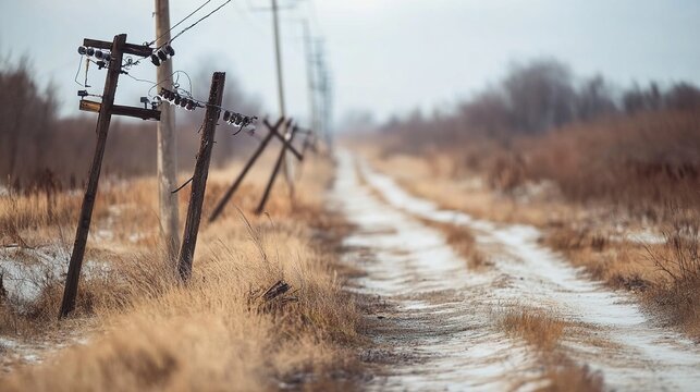 Damaged electrical infrastructure with fallen power lines, illustrating the impact of severe weather or natural disasters on essential services and public safety.