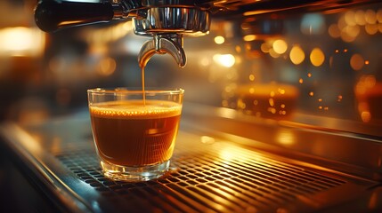 Professional espresso machine brews fresh coffee in glass cup on walnut wood surface, capturing rich crema and coffee shop atmosphere with warm ambient lighting effects.