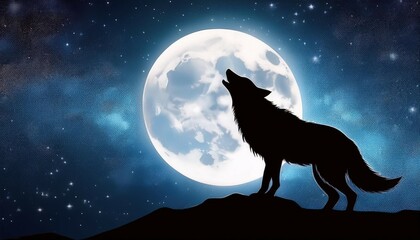 a silhouette of a wolf howling at a bright full moon against a starry night sky