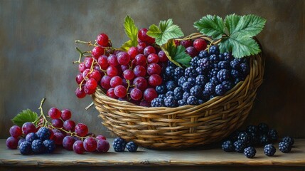 Fresh berries gathered during a sunny afternoon, displayed in a rustic basket on a wooden surface.
