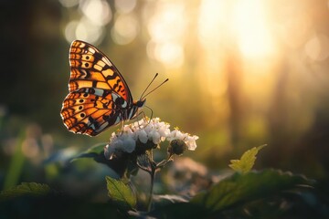 Fototapeta premium Colorful butterfly perched on white flowers in a sunlit forest during golden hour