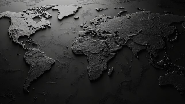 A sleek black world map with a textured 3D relief design, showcasing continents and details, perfect for global concepts