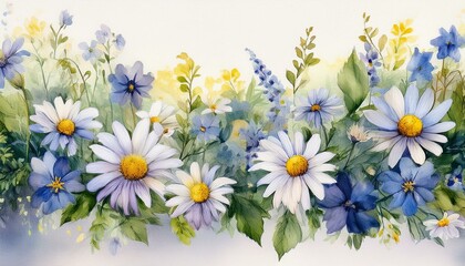Fototapeta premium Floral seamless summer flowers garland with daisys background graphic resource