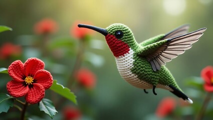 realistic highly detailed crochet of a hummingbird wi with a nature background