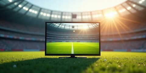 A vibrant soccer stadium scene featuring a TV displaying a match, perfect for sports marketing, broadcasting, and event promotion.