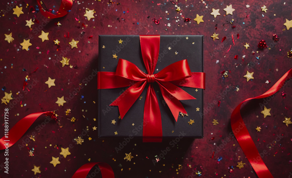 Poster Black box with a red bow on top of a red background. The box is surrounded by red ribbon and stars