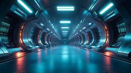 Futuristic Spaceship Corridor With Neon Lighting And Technology