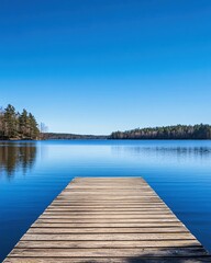 Obraz premium Serene Lake View Wooden Dock Tranquil Blue Water Sunny Day Peaceful Nature Escape
