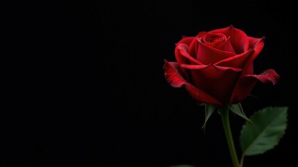 A Single Deep Red Rose with Dew Drops on Petals Against a Dark Background, a Symbol of Romance and Passion