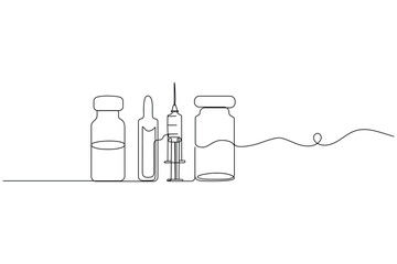Vaccine and syringe continuous one line art drawing and vaccine icon simple vector illustration