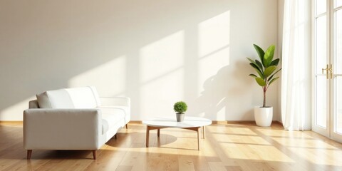 Sunlight streams into a minimalist living room, illuminating a clean, white sofa and a simple coffee table with a small potted plant, creating a serene and peaceful atmosphere.
