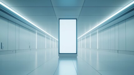 Fototapeta premium Vertical billboard mockup in white airport space, light blue palette.