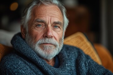 Older man with gray beard and blue eyes relaxing indoors in cozy sweater during autumn afternoon