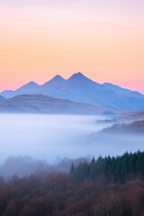 Serene Pastel Sunrise Over Misty Mountains and Forest