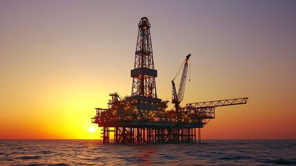Obraz premium An offshore oil rig stands silhouetted against a vibrant sunset sky, reflecting on the calm ocean waters.