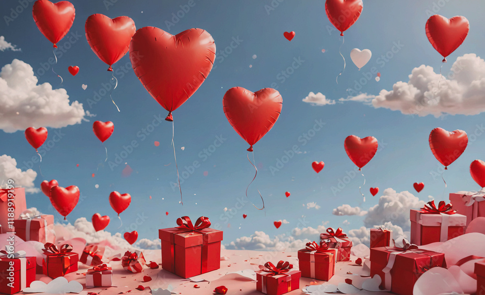 Aufkleber bunch of red balloons with hearts on them are floating in the air. there are also many red boxes sca