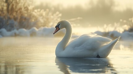Fototapeta premium Peaceful swan enjoying serene lake at dawn.