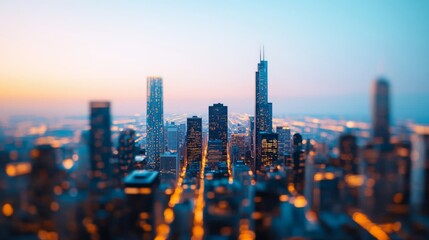 A stunning skyline view of a city at twilight, showcasing tall buildings illuminated by city lights against a gradient sky.