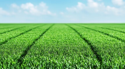 Fototapeta premium A vibrant green field stretches under a clear blue sky, showcasing neatly arranged rows of grass and creating a serene and peaceful landscape.