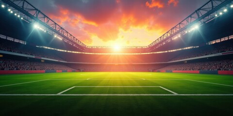 Spectacular sunset view over an empty soccer stadium, highlighting the vibrant green pitch and the electrifying atmosphere of the game.
