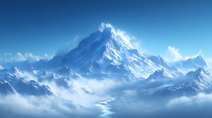 Majestic snow-capped mountain surrounded by clouds under a clear blue sky.