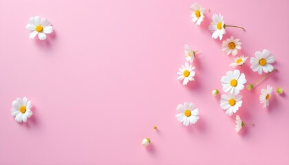 Minimal styled concept. White daisy chamomile flowers on pale pink background. Creative lifestyle, summer, spring concept. Simple minimal concept with white daisy chamomile flowers on pink background