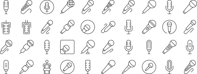 Microphone Bundle of Related Line Icons. Outline Signs for Graphic and Web Design, Apps, Adverts, Various Cards