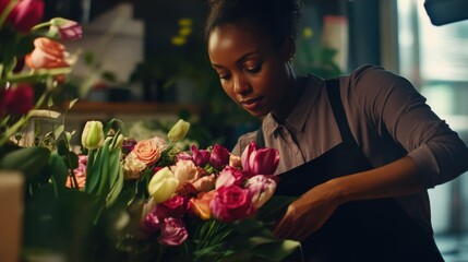 Fototapeta premium Black African florist smiling, happy, creating a bouquet, combining roses, lilies, tulips, daisies, daisies, wedding, birthday, Valentine's Day gift, flower shop, business, delivery service, banner.
