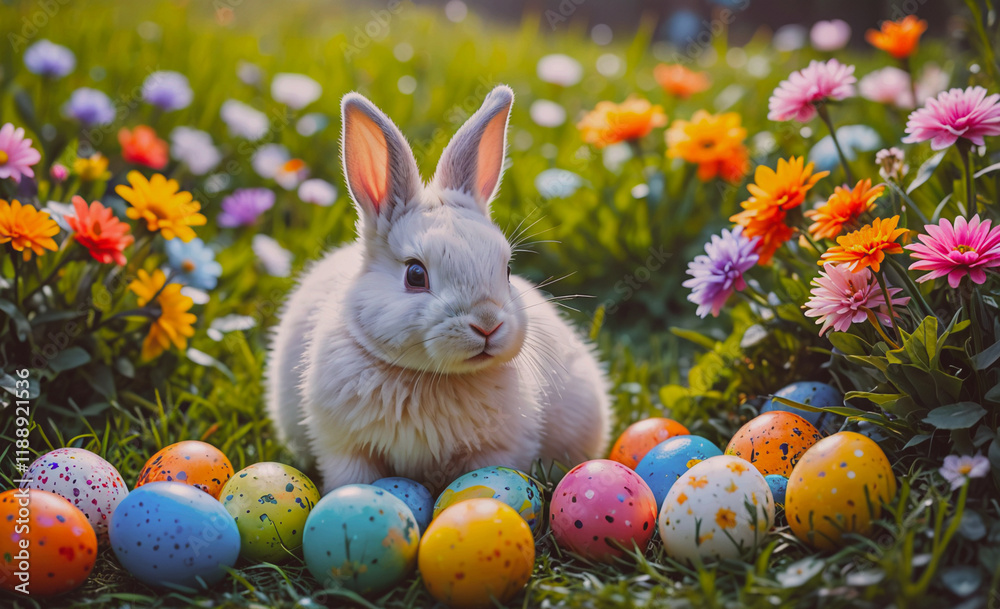 Aufkleber White rabbit is sitting in a field of Easter eggs. There are many different colored eggs scattered around the rabbit