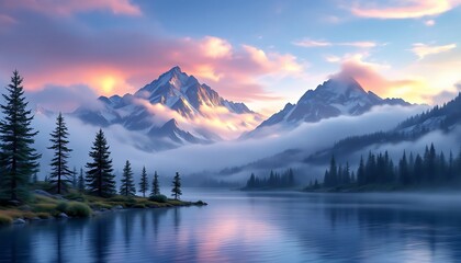 Majestic Sunrise Mountain Lake: Serene Landscape Painting