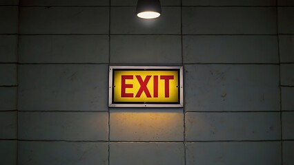 Illuminated Exit Sign on Tile Wall for Business Concepts and Safety Measures