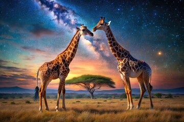 Obraz premium Nocturnal giraffes converse, captured in a long exposure safari shot.