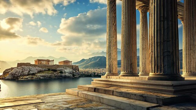 Explore ancient Greek architecture at sunset near the Aegean Sea with beautiful mountains in the background