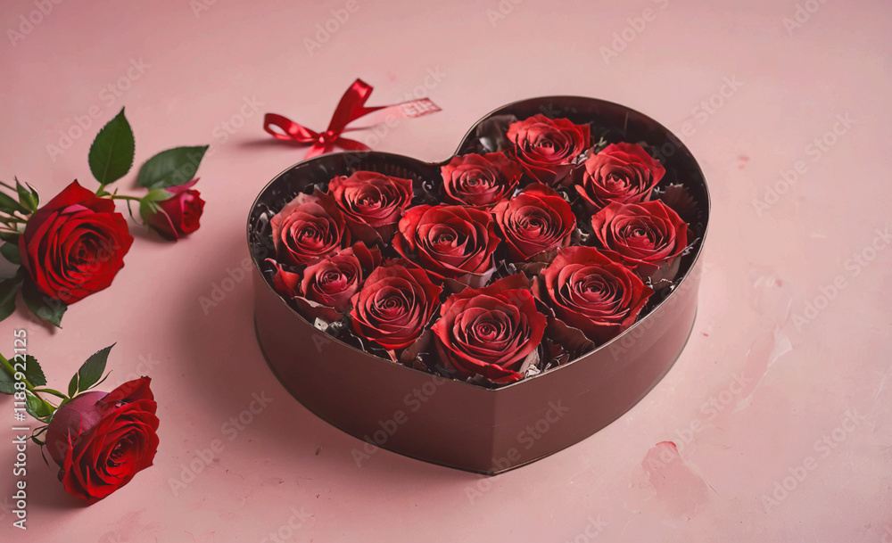 Aufkleber Heart shaped box with red roses in it. There are also red roses on the table. The roses are arranged in a way that they look like they are hugging the box