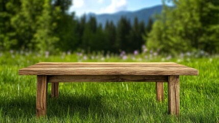 Spring Meadow Wooden Tabletop - Rustic wooden table in a vibrant spring meadow, symbolizing nature, serenity, freshness, growth, and tranquility.
